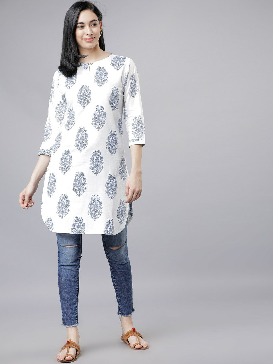 White & Blue Printed Tunic for Women – Round Neck, 3/4 Sleeves, Casual Ethnic Wear | Indiaista