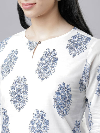 White & Blue Printed Tunic for Women – Round Neck, 3/4 Sleeves, Casual Ethnic Wear | Indiaista