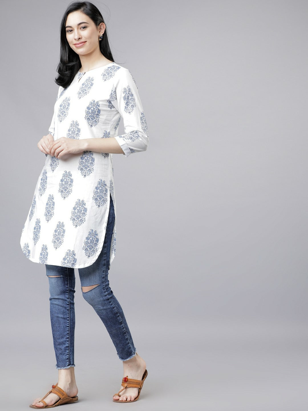 White & Blue Printed Tunic for Women – Round Neck, 3/4 Sleeves, Casual Ethnic Wear | Indiaista