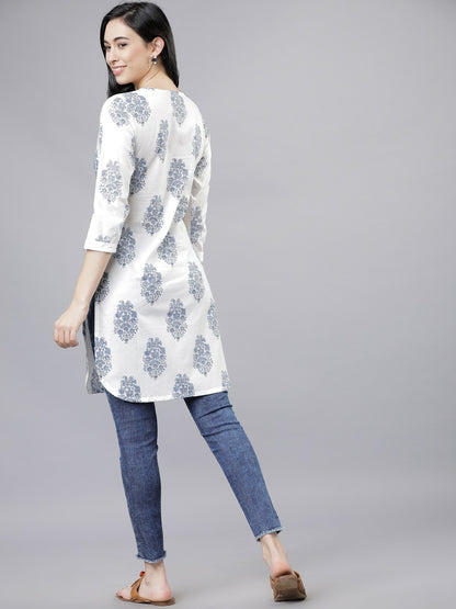 White & Blue Printed Tunic for Women – Round Neck, 3/4 Sleeves, Casual Ethnic Wear | Indiaista