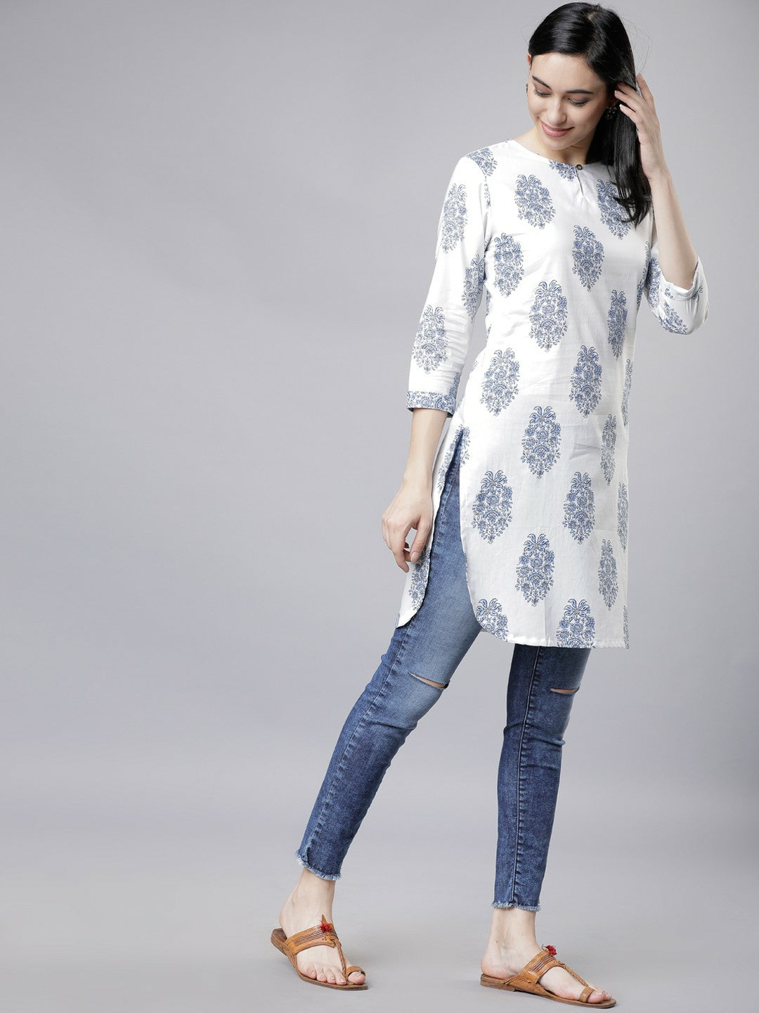 White & Blue Printed Tunic for Women – Round Neck, 3/4 Sleeves, Casual Ethnic Wear | Indiaista