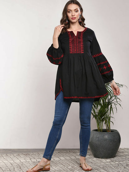 Black & Red Embroidered Tunic for Women – Long Sleeves, Round Neck | Indiaista