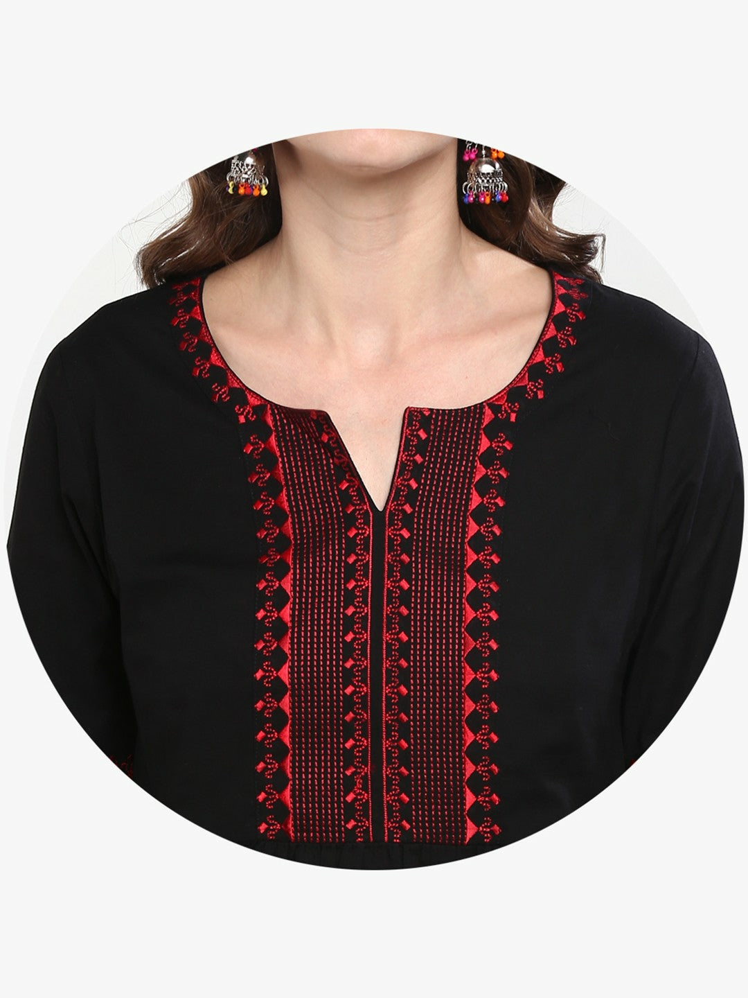 Black & Red Embroidered Tunic for Women – Long Sleeves, Round Neck | Indiaista