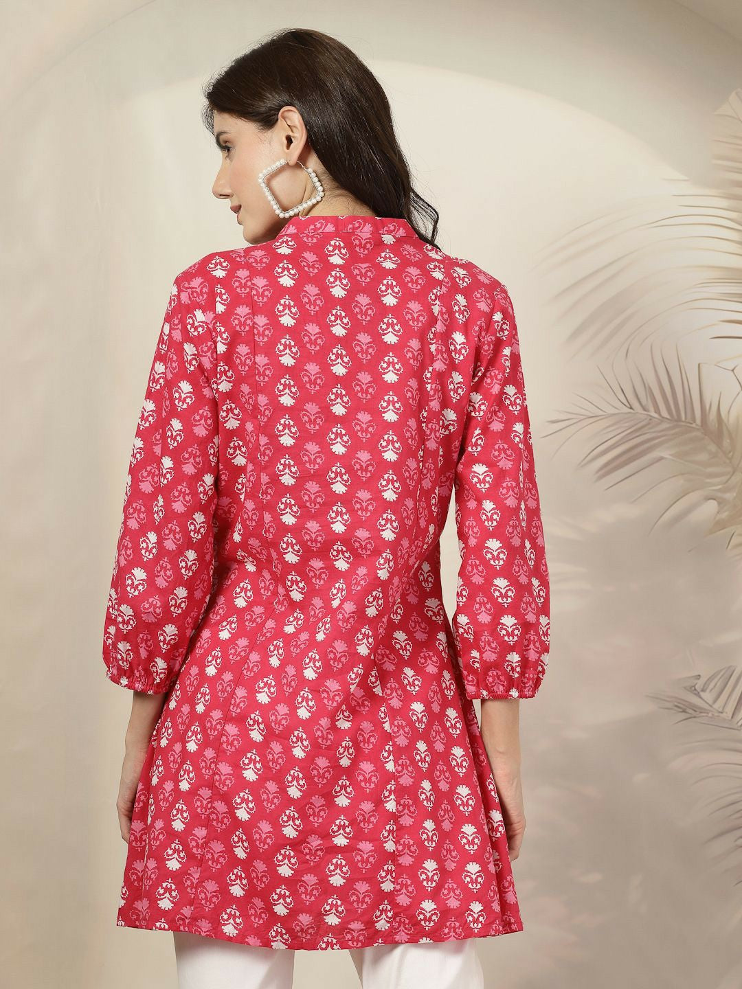 Pink & White Bohemian Printed Tunic for Women – Mandarin Collar, Embroidered Detail | Indiaista