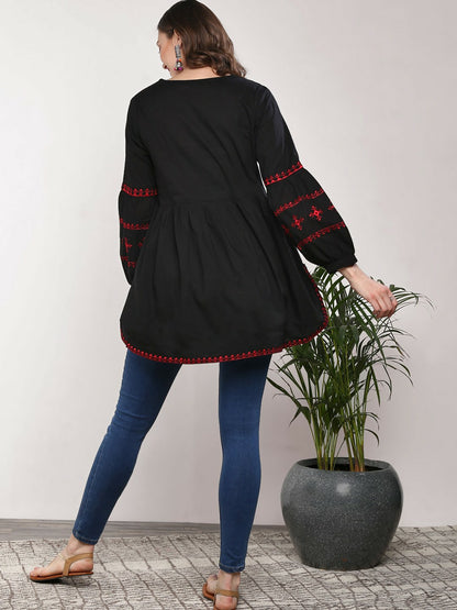 Black & Red Embroidered Tunic for Women – Long Sleeves, Round Neck | Indiaista