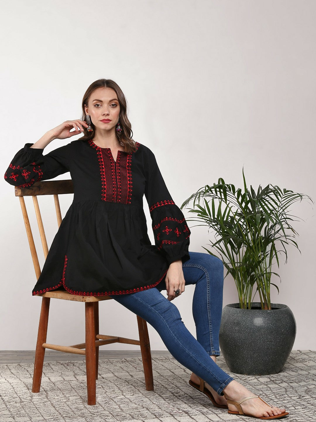 Black & Red Embroidered Tunic for Women – Long Sleeves, Round Neck | Indiaista