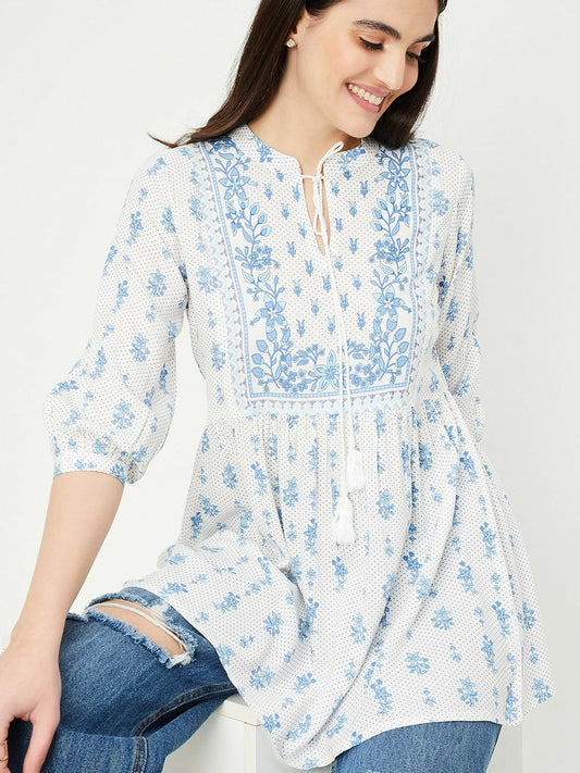 Off-White & Blue Printed Tunic for Women – Mandarin Collar, 3/4 Sleeves | Indiaista