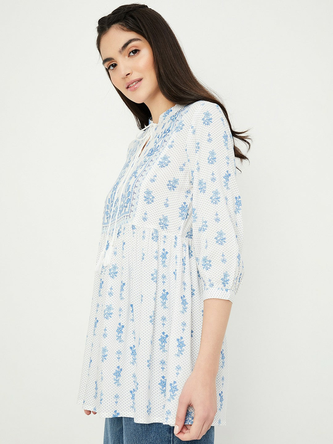 Off-White & Blue Printed Tunic for Women – Mandarin Collar, 3/4 Sleeves | Indiaista