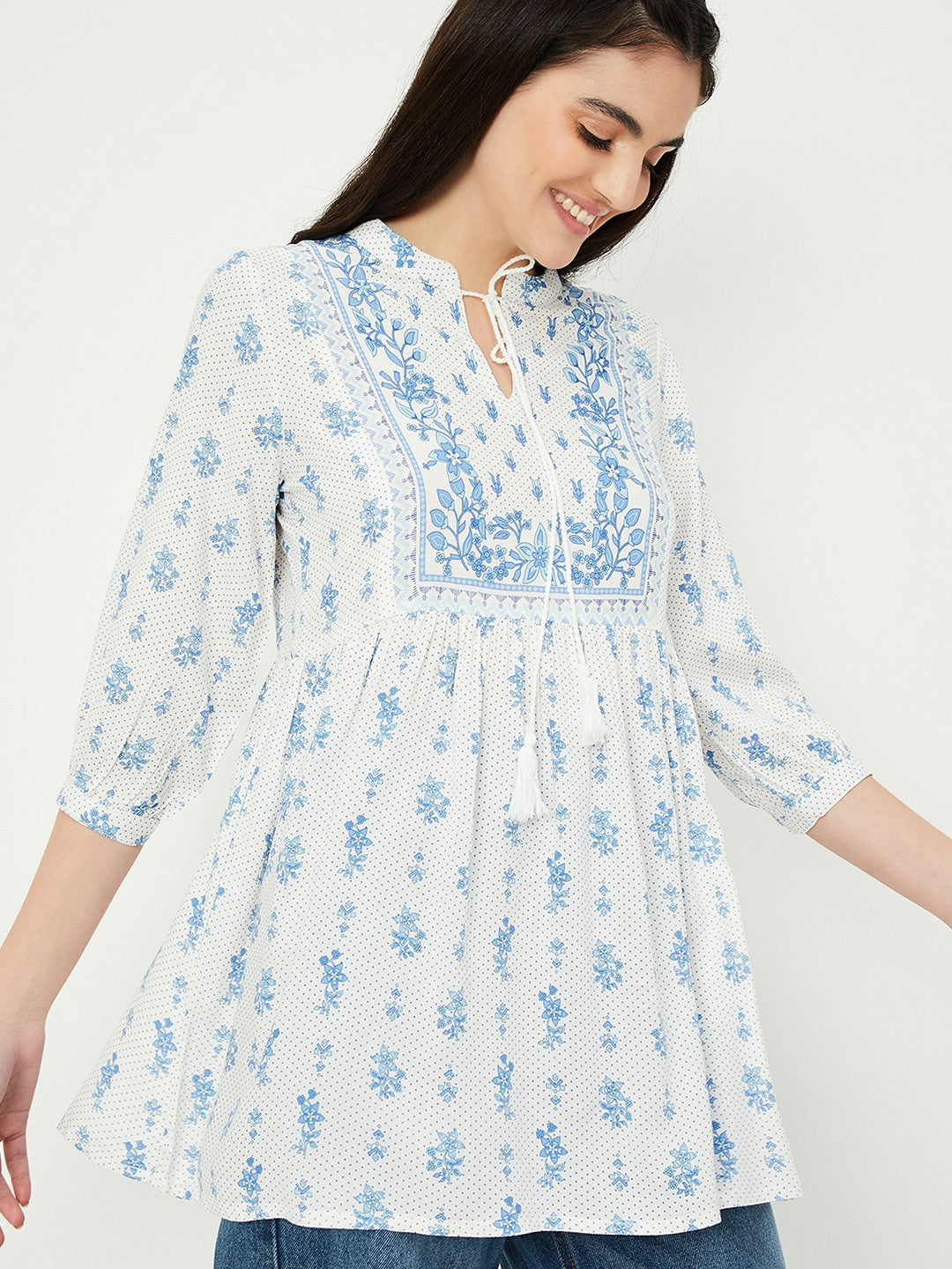 Off-White & Blue Printed Tunic for Women – Mandarin Collar, 3/4 Sleeves | Indiaista