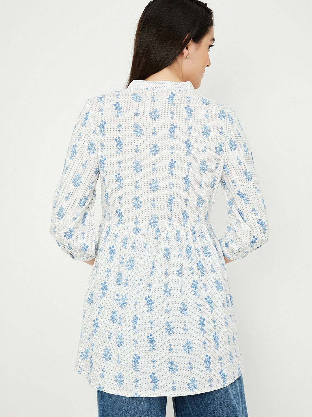 Off-White & Blue Printed Tunic for Women – Mandarin Collar, 3/4 Sleeves | Indiaista