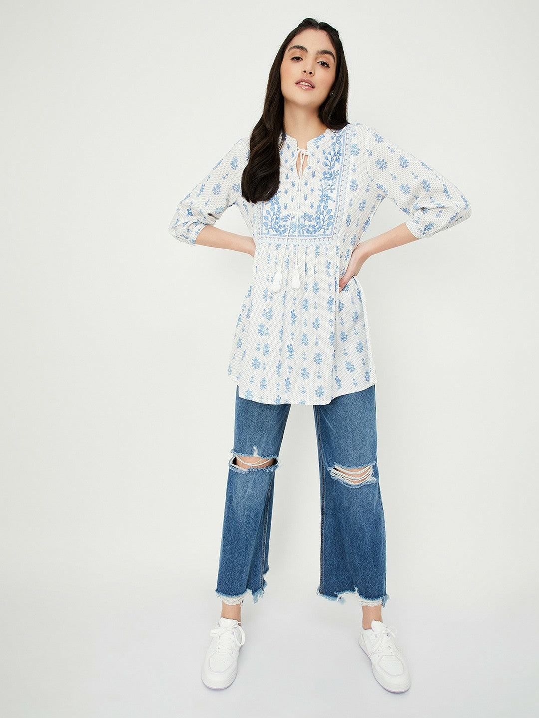 Off-White & Blue Printed Tunic for Women – Mandarin Collar, 3/4 Sleeves | Indiaista