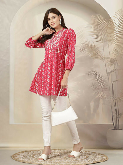 Pink & White Bohemian Printed Tunic for Women – Mandarin Collar, Embroidered Detail | Indiaista