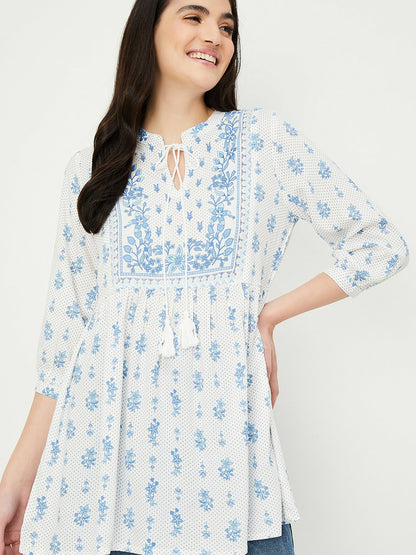 Off-White & Blue Printed Tunic for Women – Mandarin Collar, 3/4 Sleeves | Indiaista