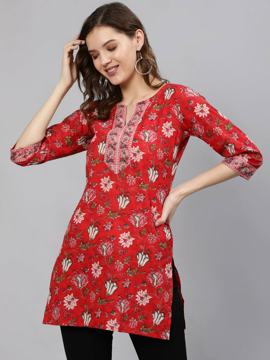 Red & Pink Cotton Printed Tunic for Women – Round Neck, 3/4 Sleeves | Indiaista