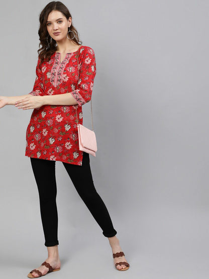 Red & Pink Cotton Printed Tunic for Women – Round Neck, 3/4 Sleeves | Indiaista