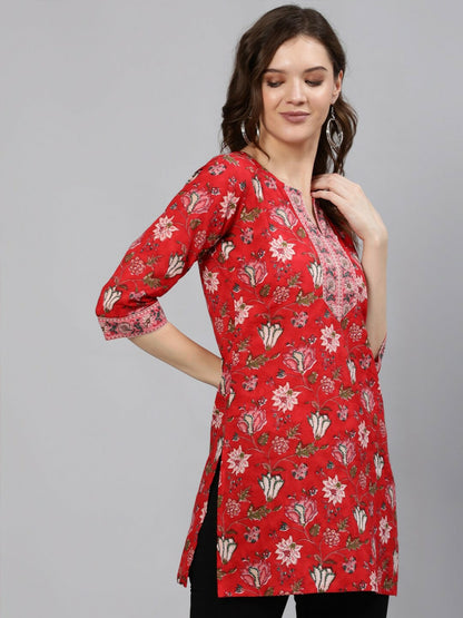 Red & Pink Cotton Printed Tunic for Women – Round Neck, 3/4 Sleeves | Indiaista