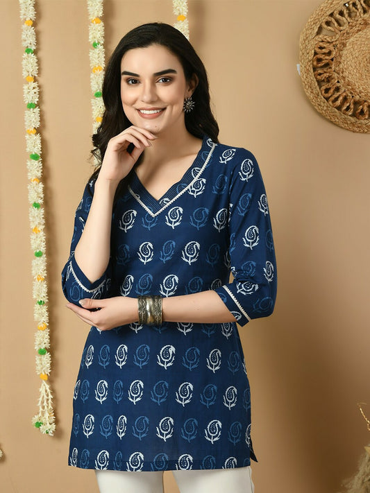 Blue & White Ethnic Motif Printed Cotton Tunic for Women – V-Neck, 3/4 Sleeves, Lace Detail | Indiaista