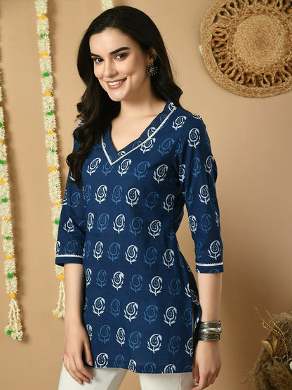 Blue & White Ethnic Motif Printed Cotton Tunic for Women – V-Neck, 3/4 Sleeves, Lace Detail | Indiaista