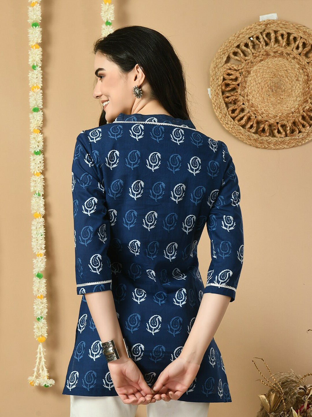 Blue & White Ethnic Motif Printed Cotton Tunic for Women – V-Neck, 3/4 Sleeves, Lace Detail | Indiaista