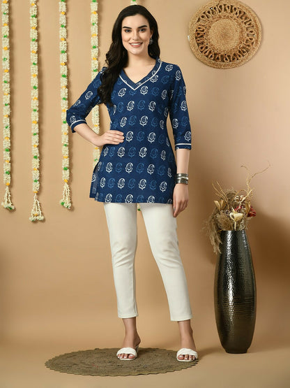 Blue & White Ethnic Motif Printed Cotton Tunic for Women – V-Neck, 3/4 Sleeves, Lace Detail | Indiaista