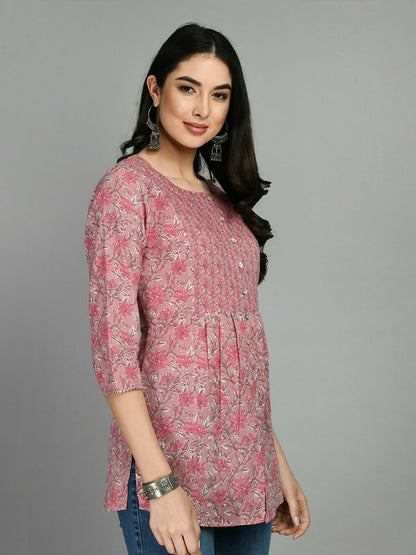 Pink Floral Printed Cotton Tunic for Women – Ethnic Casual Wear | Indiaista