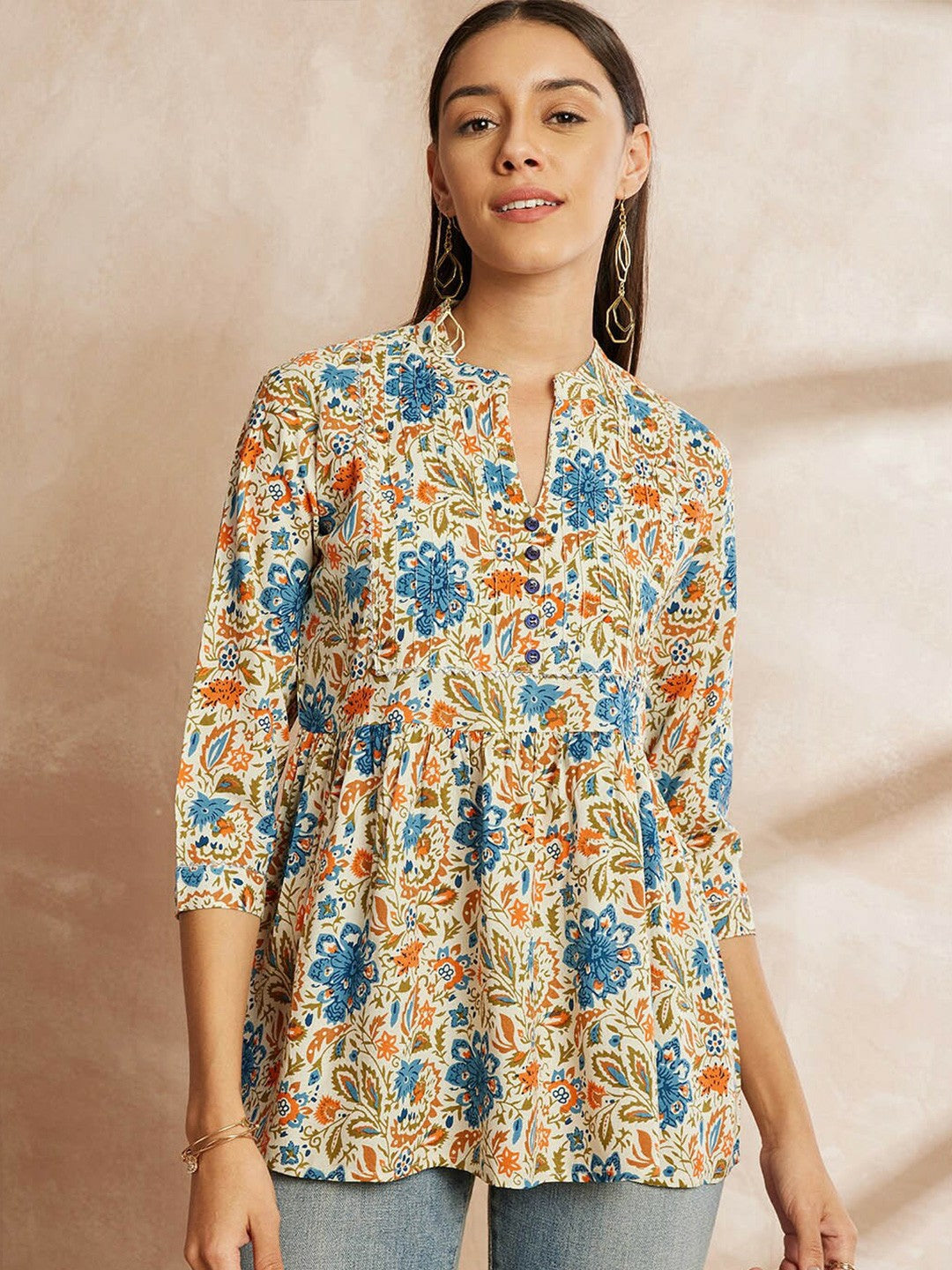 Beige & Blue Floral Printed Tunic for Women – Mandarin Collar, 3/4 Sleeves, Stylish & Comfortable | Indiaista