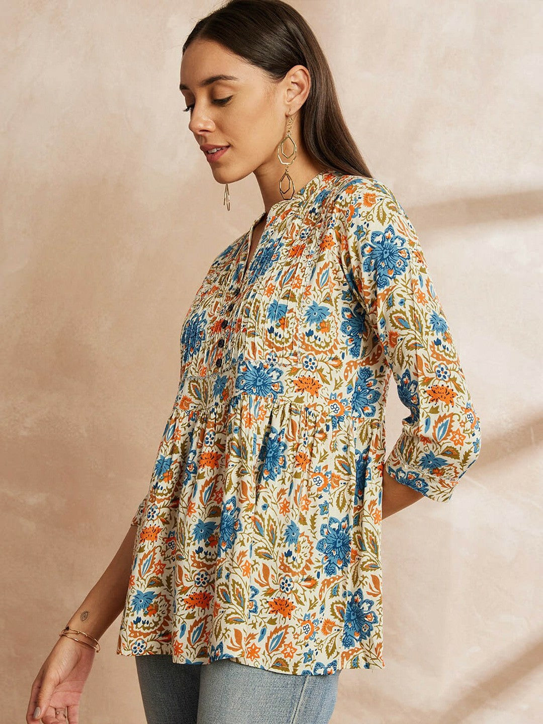 Beige & Blue Floral Printed Tunic for Women – Mandarin Collar, 3/4 Sleeves, Stylish & Comfortable | Indiaista