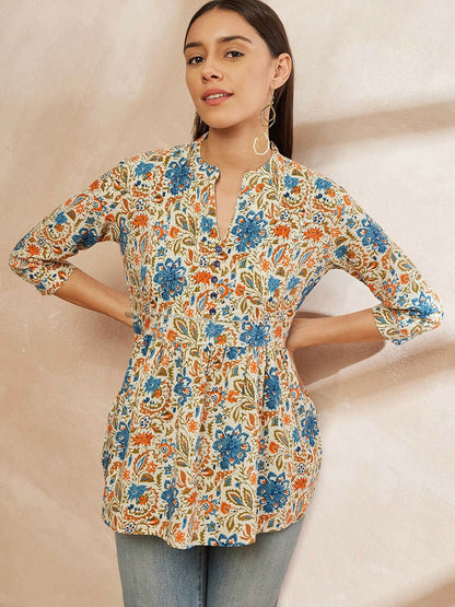 Beige & Blue Floral Printed Tunic for Women – Mandarin Collar, 3/4 Sleeves, Stylish & Comfortable | Indiaista