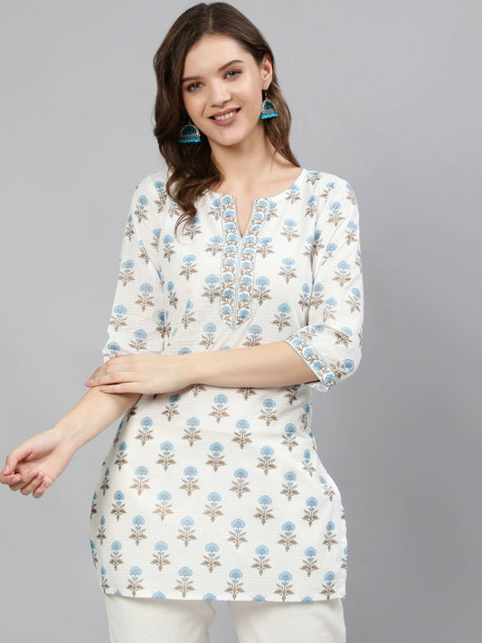 Off-White & Blue Printed Tunic for Women – V-Neck, 3/4 Sleeves, Stylish Ethnic Wear | Indiaista