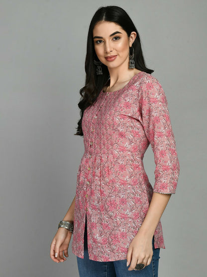 Pink Floral Printed Cotton Tunic for Women – Ethnic Casual Wear | Indiaista