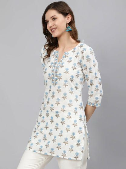 Off-White & Blue Printed Tunic for Women – V-Neck, 3/4 Sleeves, Stylish Ethnic Wear | Indiaista