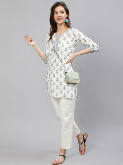 Off-White & Blue Printed Tunic for Women – V-Neck, 3/4 Sleeves, Stylish Ethnic Wear | Indiaista