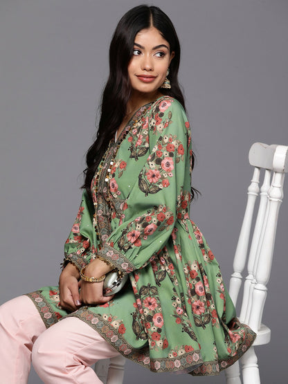 Green & Pink Floral Printed Tunic for Women – V-Neck, Long Sleeves, Stylish Ethnic Wear | Indiaista