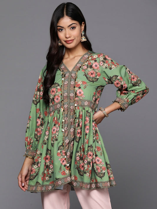 Green & Pink Floral Printed Tunic for Women – V-Neck, Long Sleeves, Stylish Ethnic Wear | Indiaista