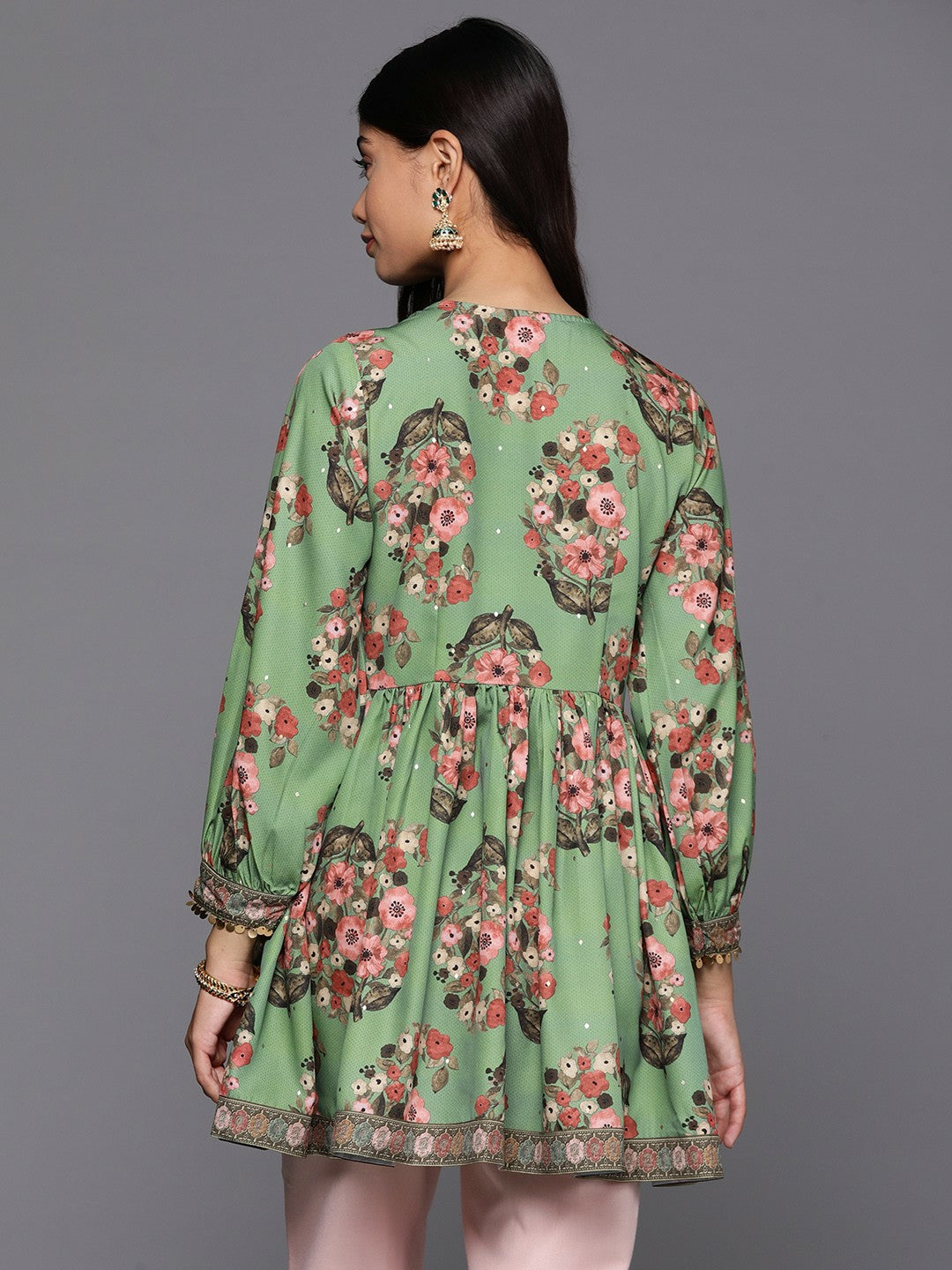 Green & Pink Floral Printed Tunic for Women – V-Neck, Long Sleeves, Stylish Ethnic Wear | Indiaista