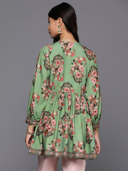 Green & Pink Floral Printed Tunic for Women – V-Neck, Long Sleeves, Stylish Ethnic Wear | Indiaista