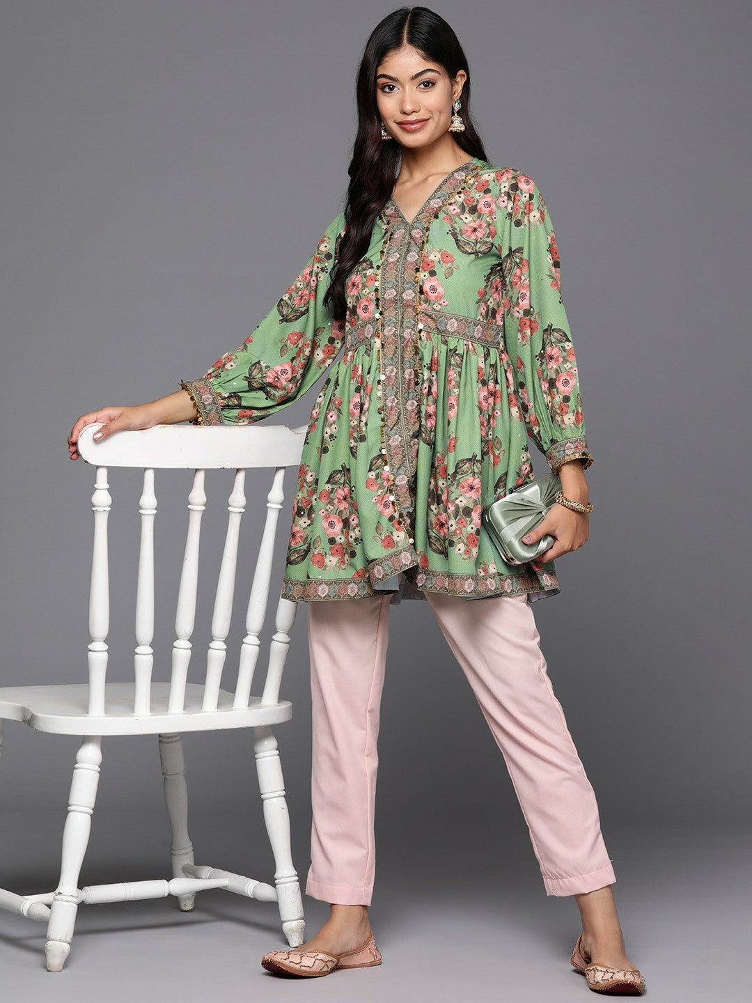 Green & Pink Floral Printed Tunic for Women – V-Neck, Long Sleeves, Stylish Ethnic Wear | Indiaista