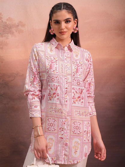 Off-White & Pink Floral Printed Tunic for Women – Shirt Collar, Long Sleeves | Indiaista