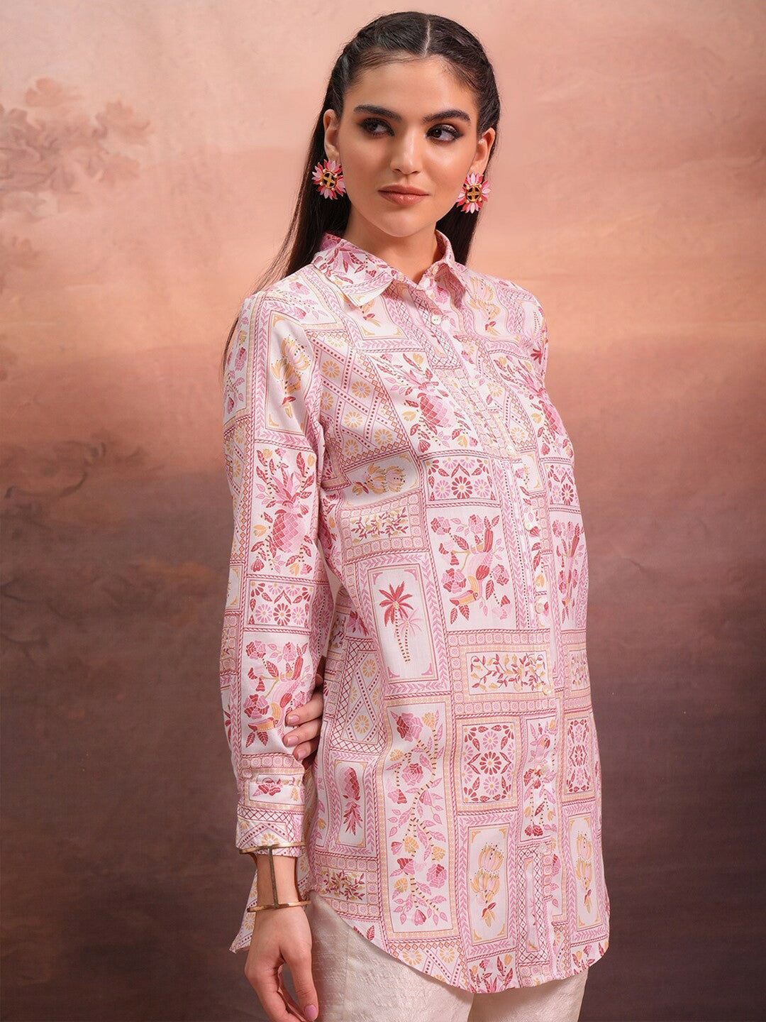 Off-White & Pink Floral Printed Tunic for Women – Shirt Collar, Long Sleeves | Indiaista