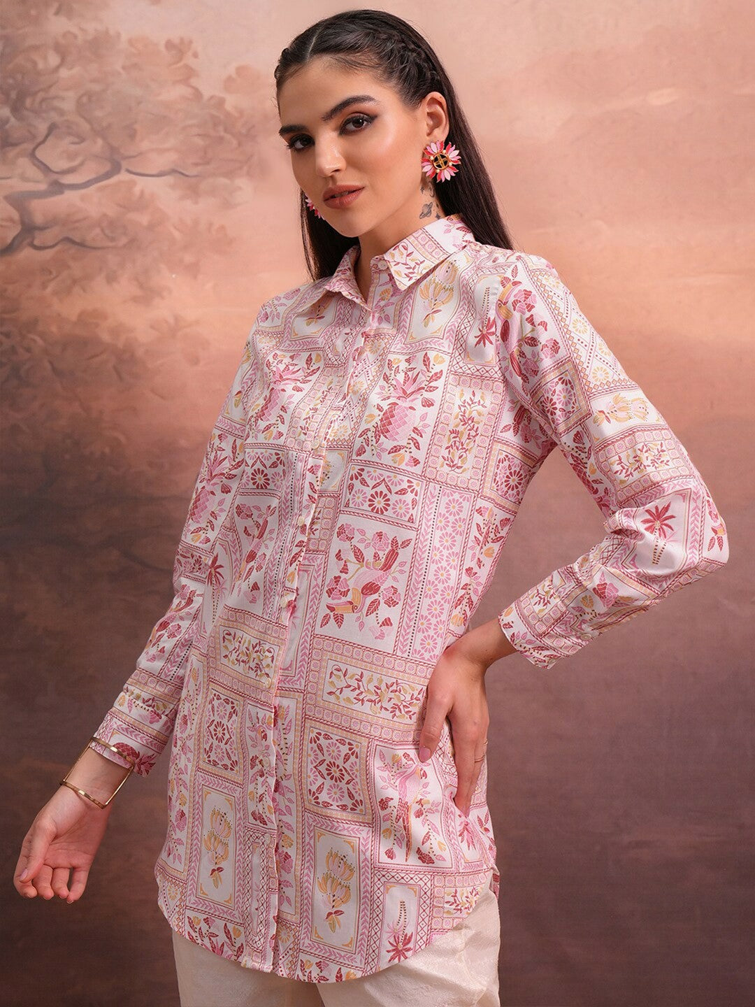 Off-White & Pink Floral Printed Tunic for Women – Shirt Collar, Long Sleeves | Indiaista