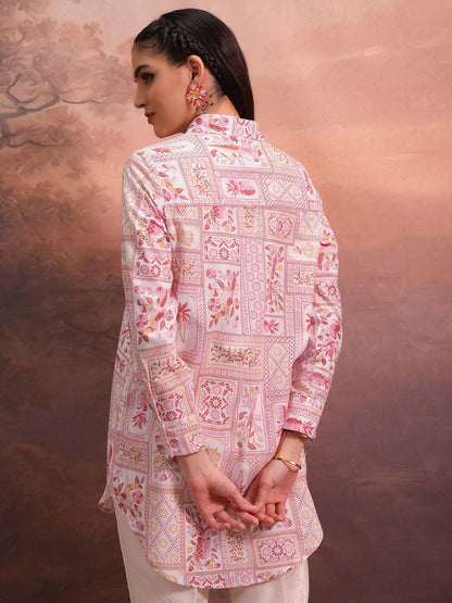 Off-White & Pink Floral Printed Tunic for Women – Shirt Collar, Long Sleeves | Indiaista