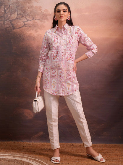 Off-White & Pink Floral Printed Tunic for Women – Shirt Collar, Long Sleeves | Indiaista