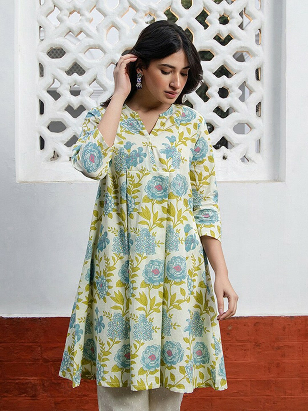 Off-White, Blue & Green Floral Printed Cotton Tunic for Women – A-Line, Mandarin Collar | Indiaista