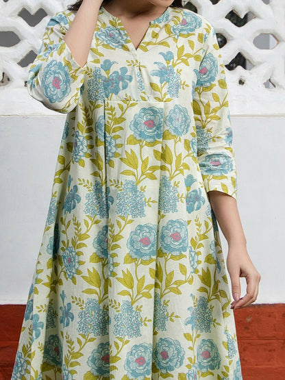 Off-White, Blue & Green Floral Printed Cotton Tunic for Women – A-Line, Mandarin Collar | Indiaista