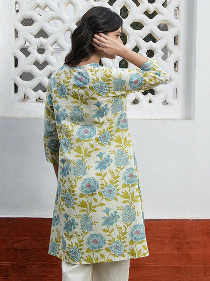 Off-White, Blue & Green Floral Printed Cotton Tunic for Women – A-Line, Mandarin Collar | Indiaista