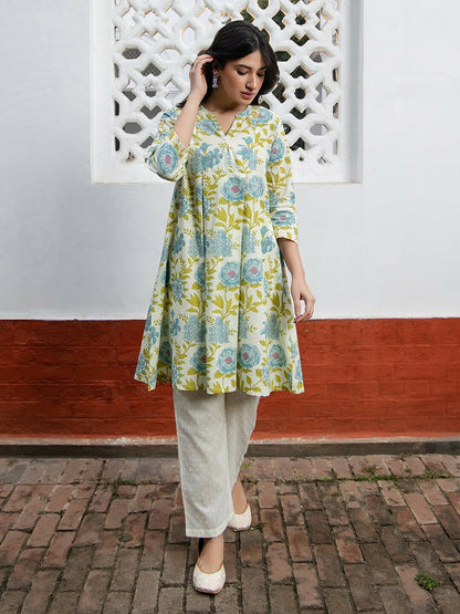 Off-White, Blue & Green Floral Printed Cotton Tunic for Women – A-Line, Mandarin Collar | Indiaista