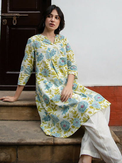 Off-White, Blue & Green Floral Printed Cotton Tunic for Women – A-Line, Mandarin Collar | Indiaista