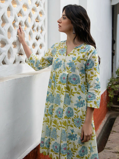 Off-White, Blue & Green Floral Printed Cotton Tunic for Women – A-Line, Mandarin Collar | Indiaista