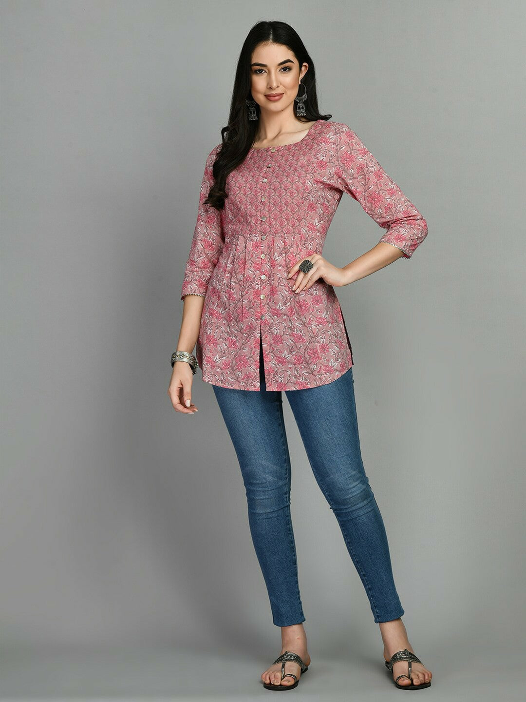 Pink Floral Printed Cotton Tunic for Women – Ethnic Casual Wear | Indiaista