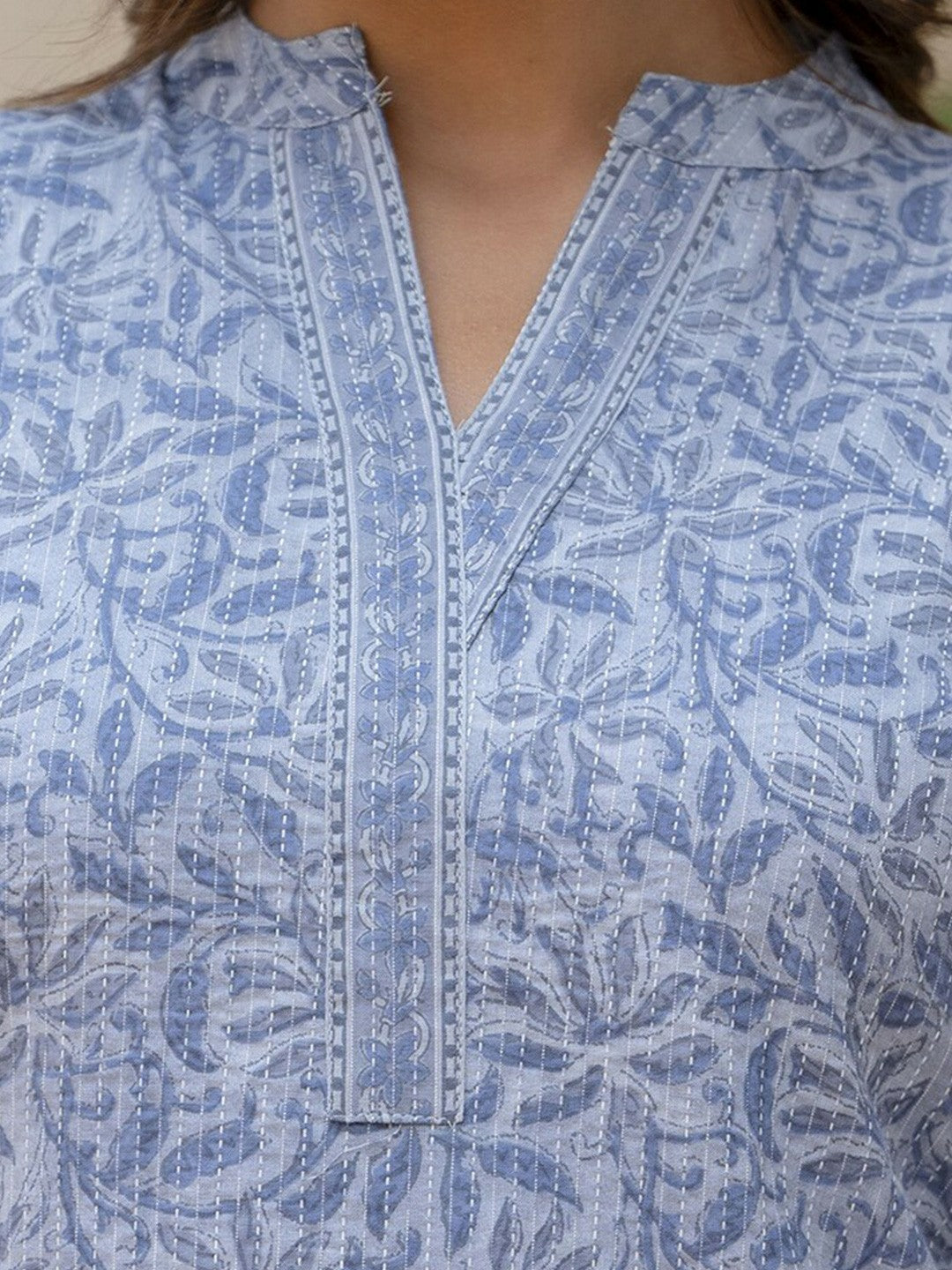 Blue & White Printed Cotton Tunic for Women – Ethnic Style, Mandarin Collar | Indiaista